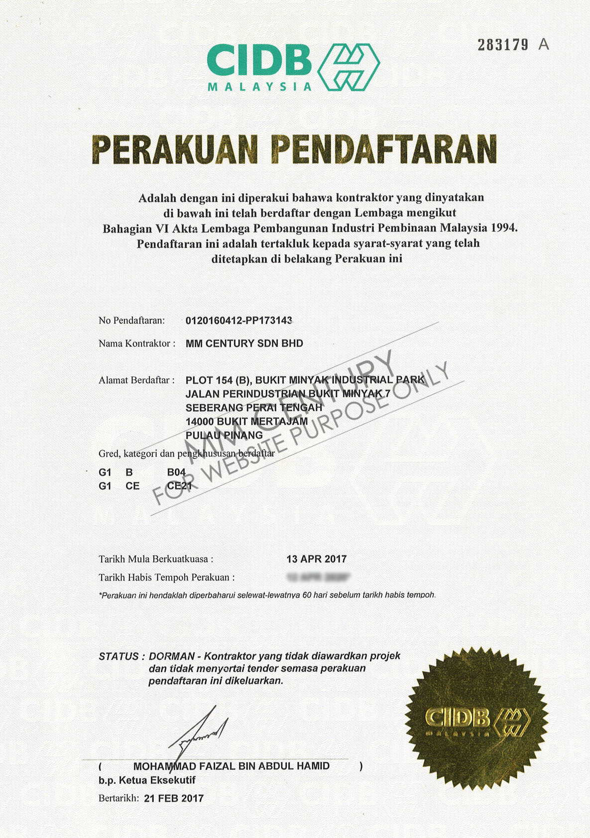 MM Century- CIDB G1, Perakuan Pendaftaran